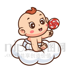 可愛卡通坐在云朵上的嬰兒小孩