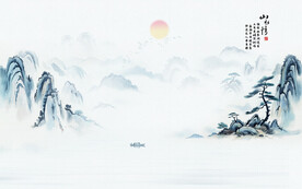 蓝色写意空灵意境山水风景背景墙