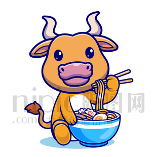 可愛卡通吃面條的牛