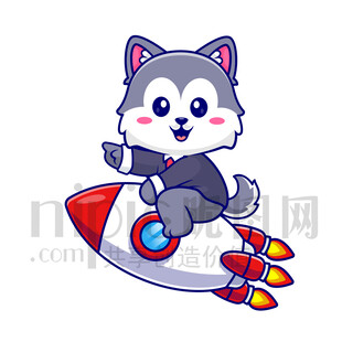 可愛卡通坐火箭的大灰狼