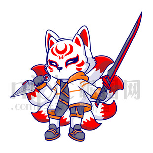 卡通九尾狐拿武器的忍者装扮