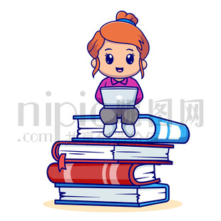 可愛卡通坐在書籍上的小女孩