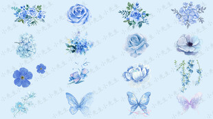 淺藍(lán)色花朵花卉蝴蝶貼紙插畫
