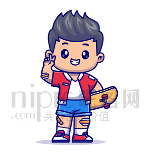 可愛卡通人物玩滑板的男孩