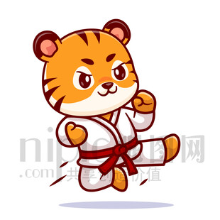 可愛卡通練習跆拳道武術的老虎