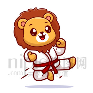 可愛卡通練習跆拳道武術的獅子