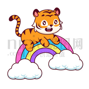 可愛卡通趴在彩虹上的老虎