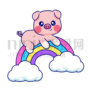 可爱卡通趴在彩虹上的猪猪