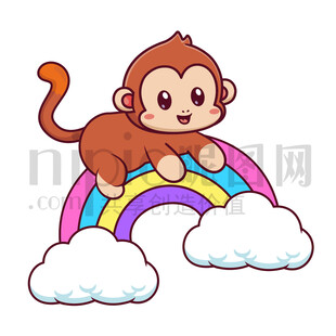 可愛卡通趴在彩虹上的猴子