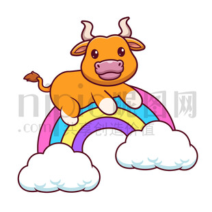 可愛卡通趴在彩虹上的黃牛