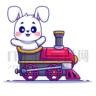 可愛卡通坐火車的小白兔