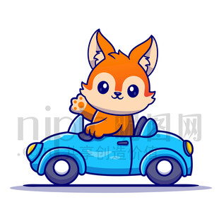 可愛卡通開小汽車的狐貍