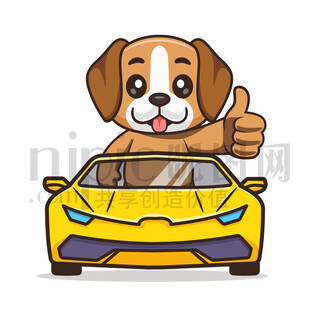 可愛卡通坐跑車的小狗