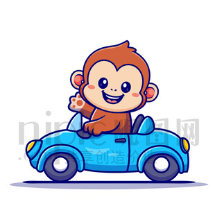 可愛卡通開小汽車的猴子
