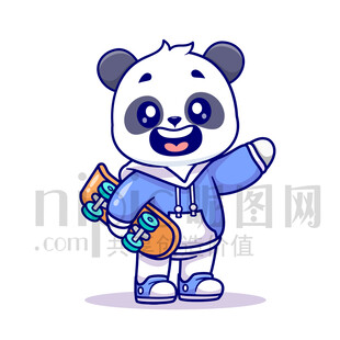 可爱卡通玩滑板的大熊猫