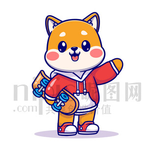 可愛卡通玩滑板的小狗