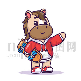 可愛(ài)卡通玩滑板的馬