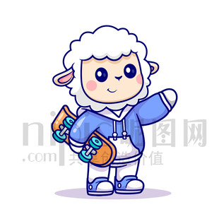 可愛(ài)卡通玩滑板的綿羊