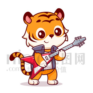 可愛卡通彈貝斯的老虎