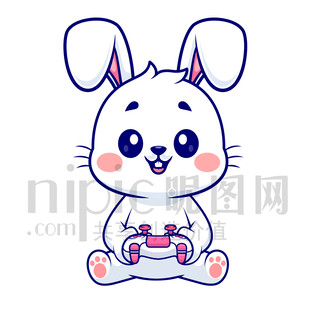 可愛卡通打電玩的小白兔