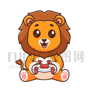 可愛卡通打電玩的獅子