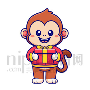 可愛(ài)卡通抱著禮物禮品的猴子