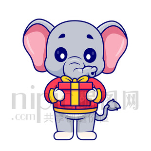 可愛(ài)卡通抱著禮物禮品的大象