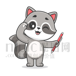 可愛卡通拿著筆敬禮的小浣熊