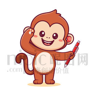 可爱卡通拿着笔敬礼的猴子