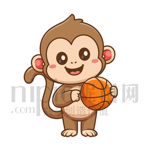可愛卡通抱著籃球的猴子
