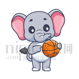 可愛卡通抱著籃球的大象