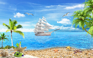 藍天白云椰樹大海背景墻