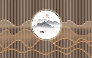 新中式格柵山水畫幕墻背景墻壁紙