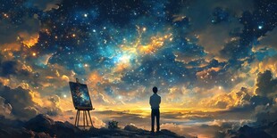 畫家仰望璀璨星空作畫