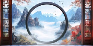 中式山水圓窗意境風光