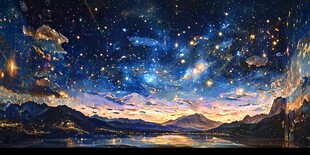 夢幻星空下的山水夜景