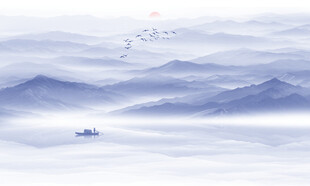 蓝色水墨山水画