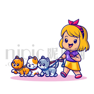 女孩牵着可爱宠物狗狗