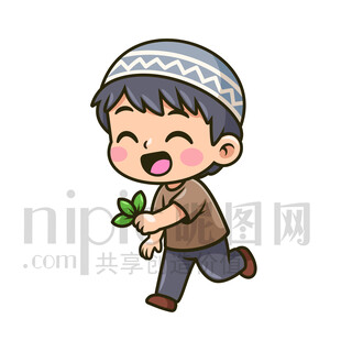 奔跑的戴帽小男孩手持綠葉