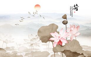 新中式手繪水墨荷花背景墻