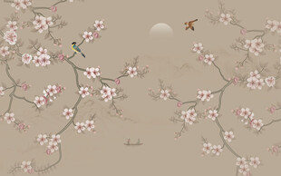 新中式工筆花鳥畫電視背景墻壁紙