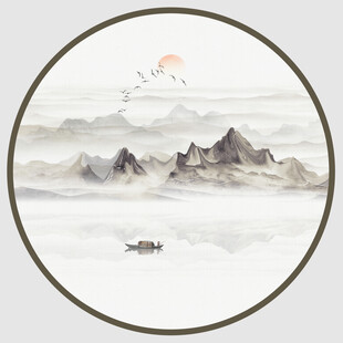 圆形水墨山水画