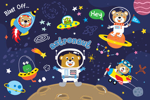太空動物宇航員卡通火箭星球背景