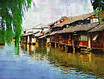 风景名胜油画 油画 湖 大树 风景 河边油画 老房子