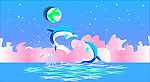 海豚戏月 矢量图