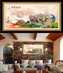 风景如画古典建筑孔雀牡丹装饰画
