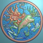 圆形八宝麒麟精雕图灰度图浮雕图