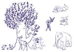 大树卡通动物 线条画