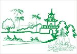 日落古寺风景 手绘画