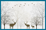 抽象树林鹿影飞鸟壁画